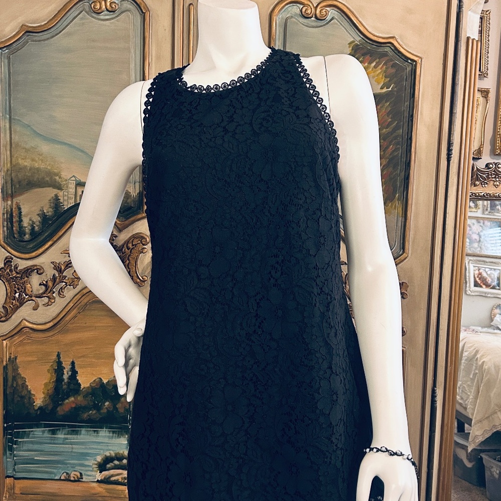 CABI Black Lace Sleeveless Blouse with Scalloped Hem